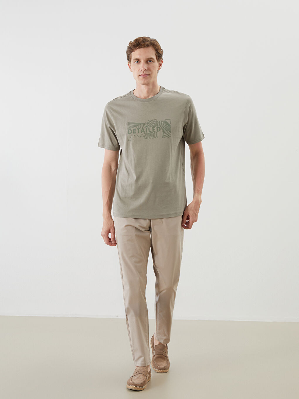 Haki Bisiklet Yaka Baskılı Penye Erkek Tişört-1