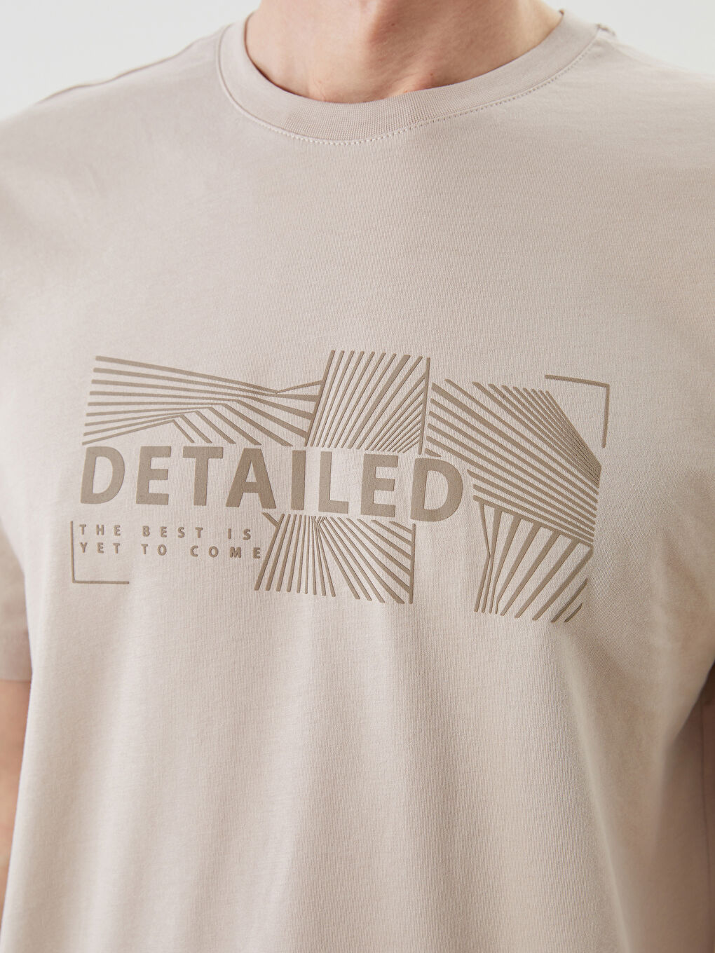 Bej Bisiklet Yaka Baskılı Penye Erkek Tişört-2