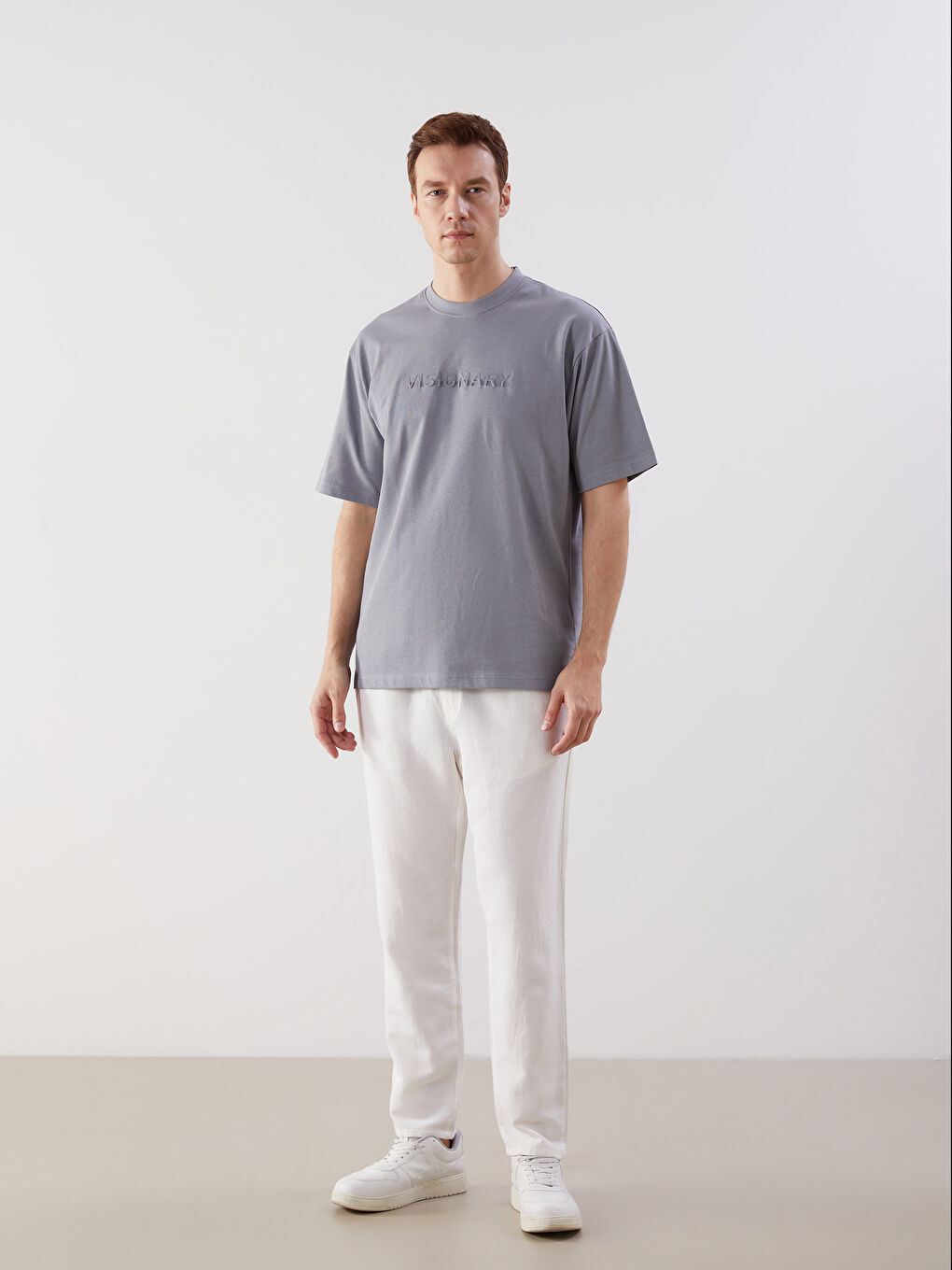 Gri Bisiklet Yaka Baskılı Penye Erkek Tişört-1