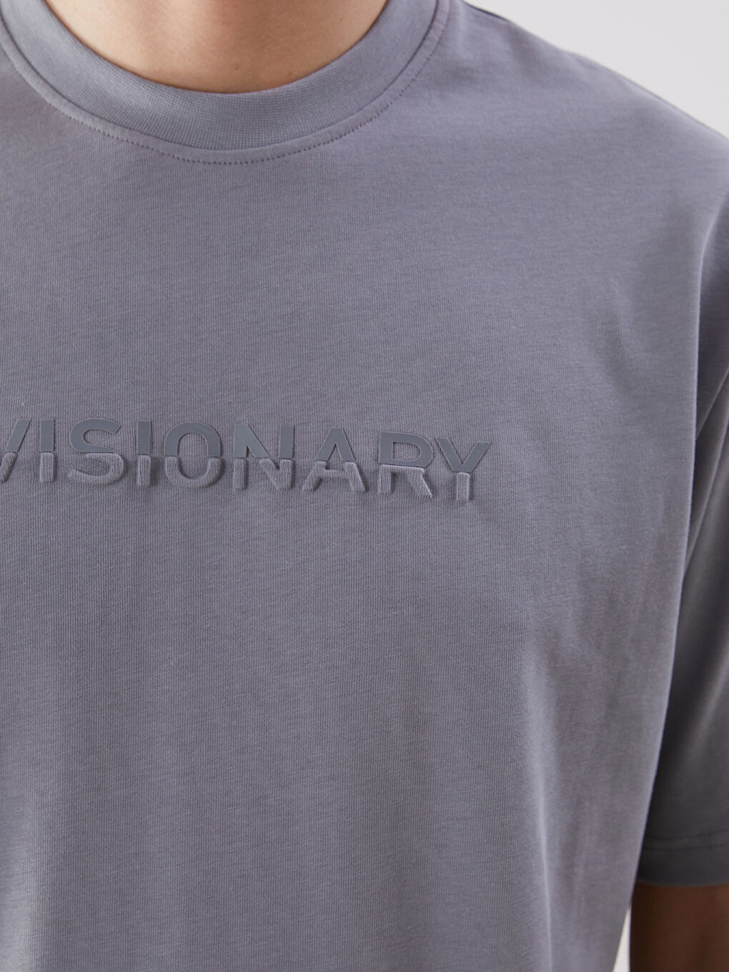 Gri Bisiklet Yaka Baskılı Penye Erkek Tişört-2