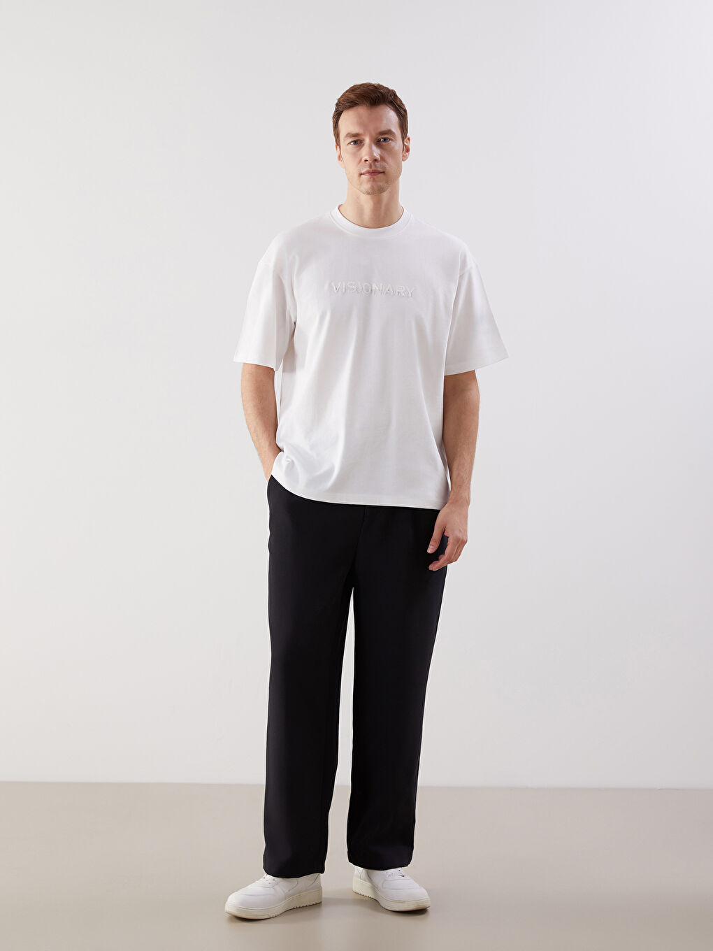 Ekru Bisiklet Yaka Baskılı Penye Erkek Tişört-1