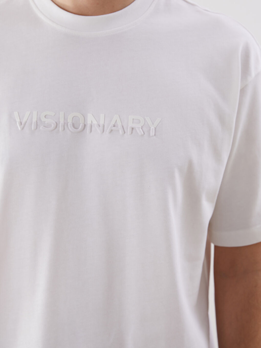 Ekru Bisiklet Yaka Baskılı Penye Erkek Tişört-2