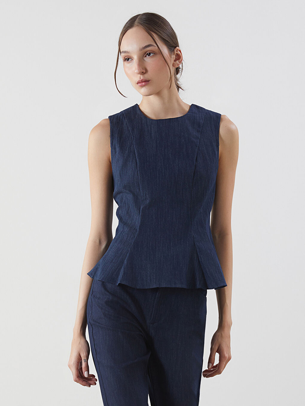 İndigo Bisiklet Yaka Peplum Jean Bluz-1