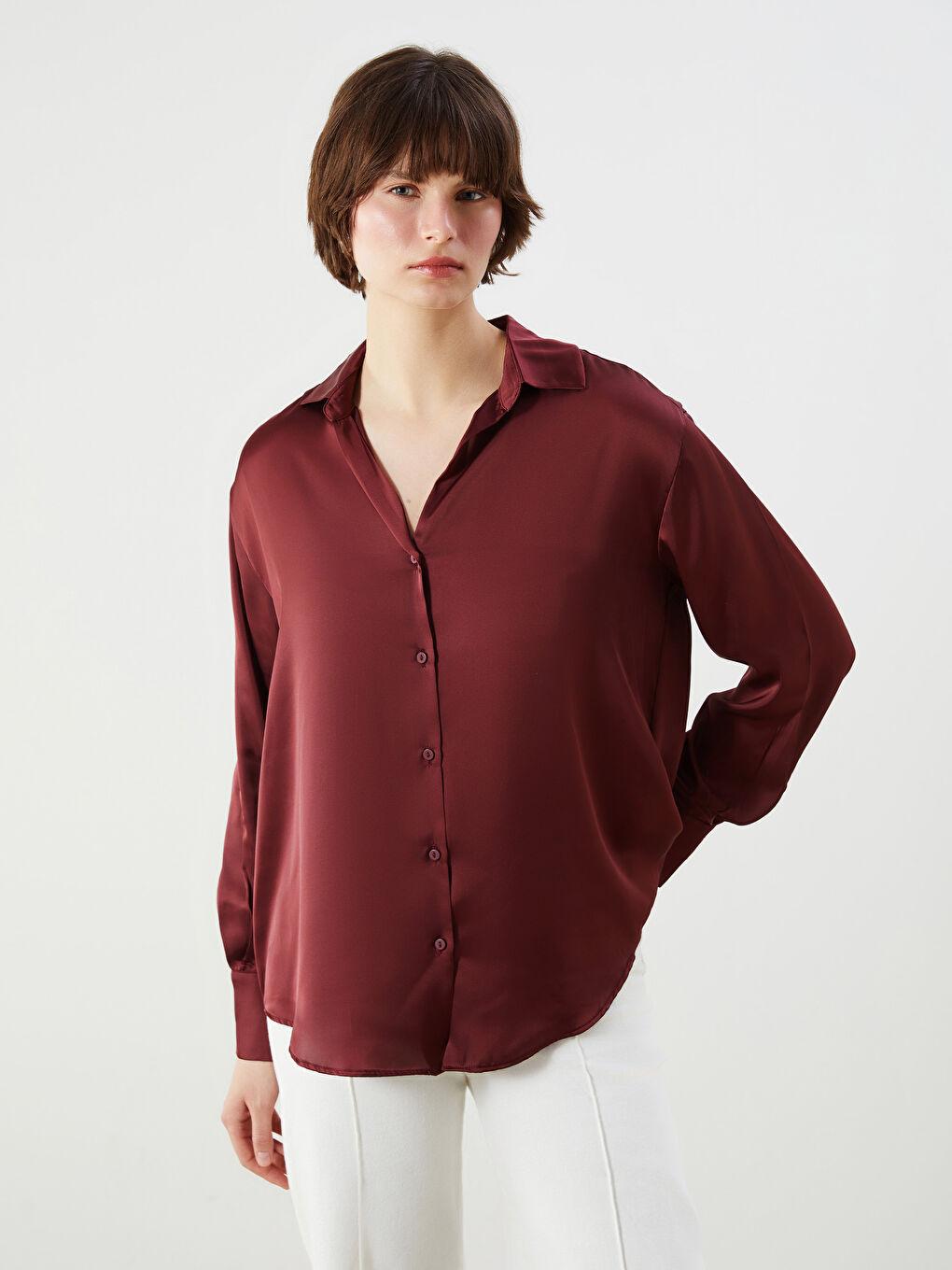 Bordo Oversize Saten Kadın Gömlek