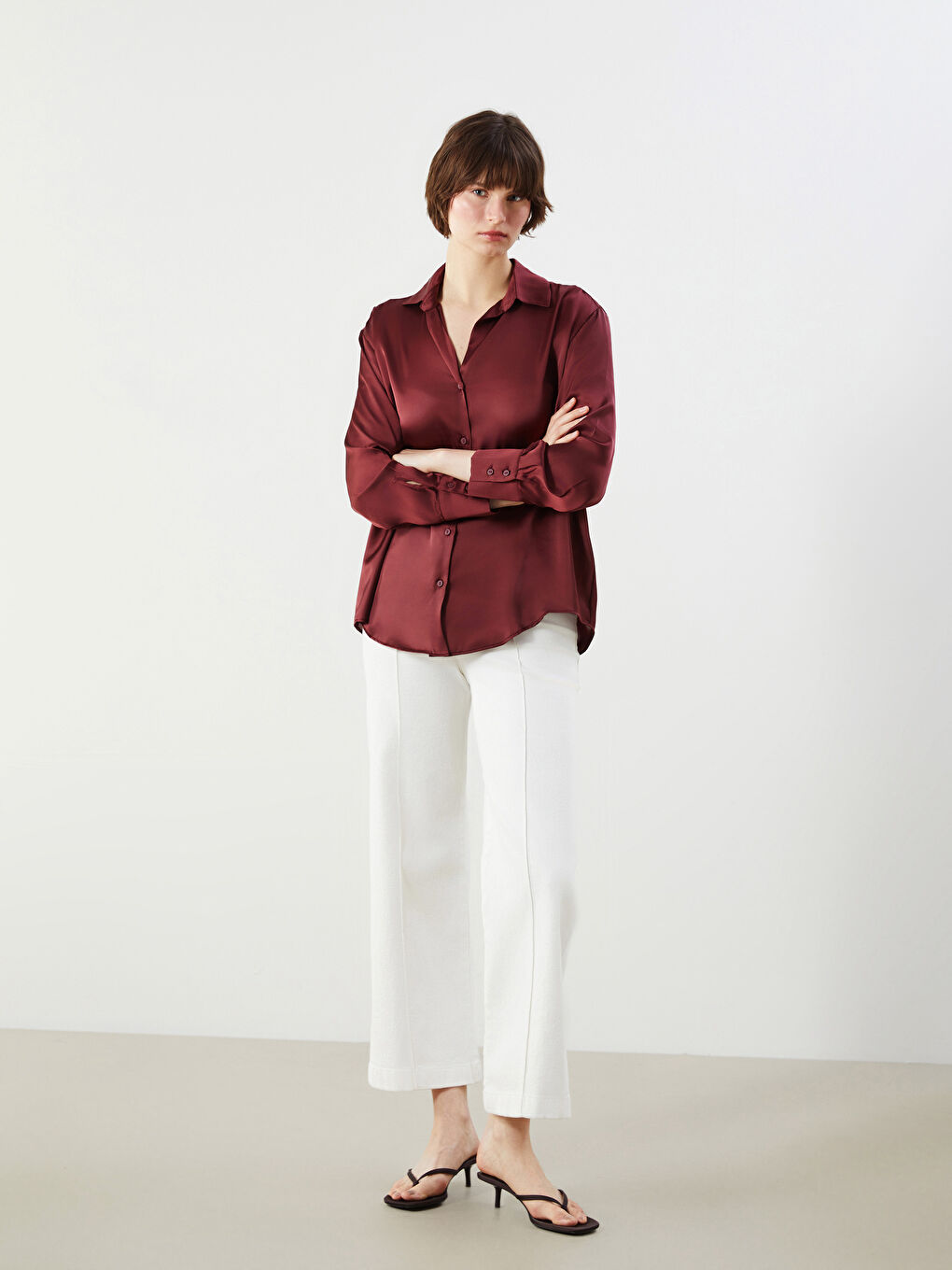 Bordo Oversize Saten Kadın Gömlek-1