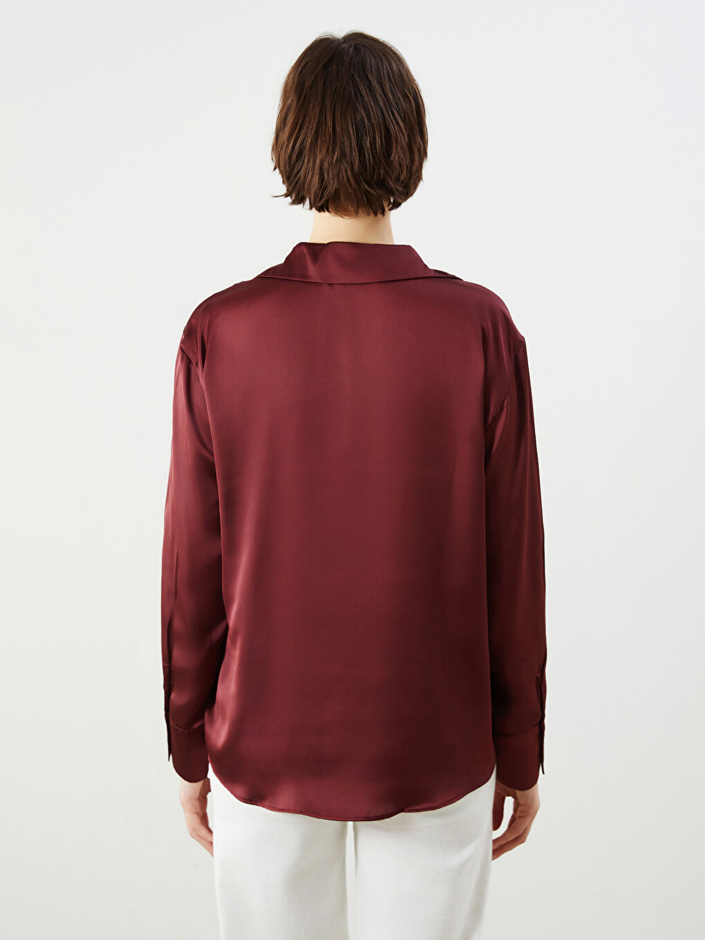 Bordo Oversize Saten Kadın Gömlek-3