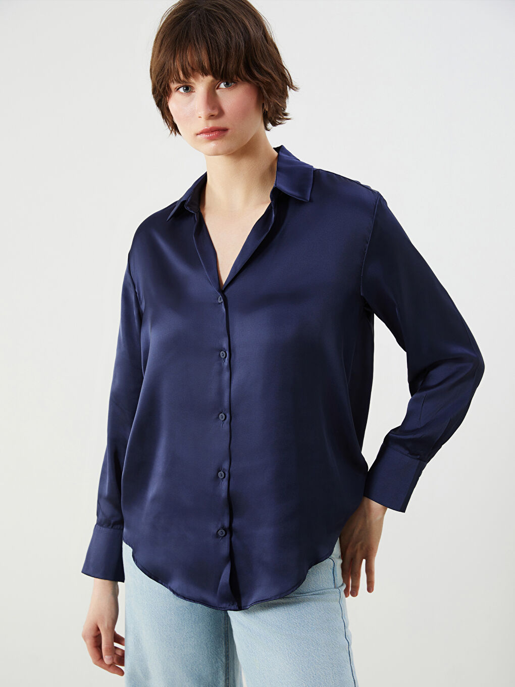Lacivert Oversize Saten Kadın Gömlek