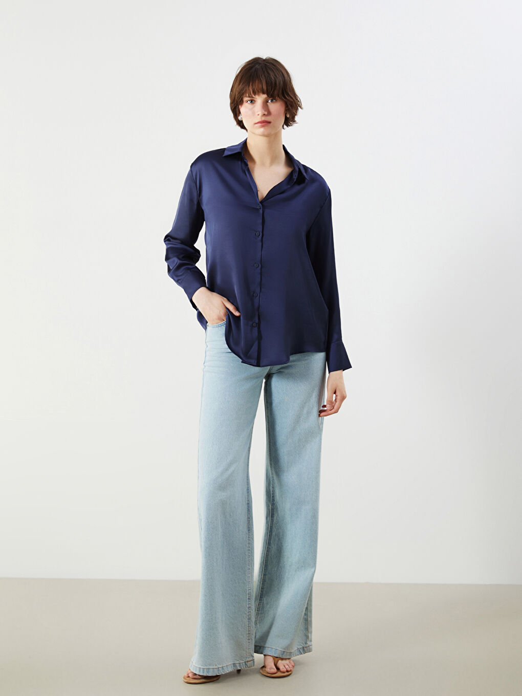 Lacivert Oversize Saten Kadın Gömlek-1