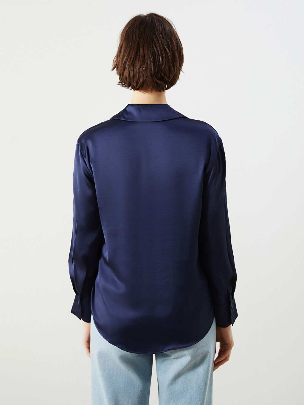 Lacivert Oversize Saten Kadın Gömlek-3
