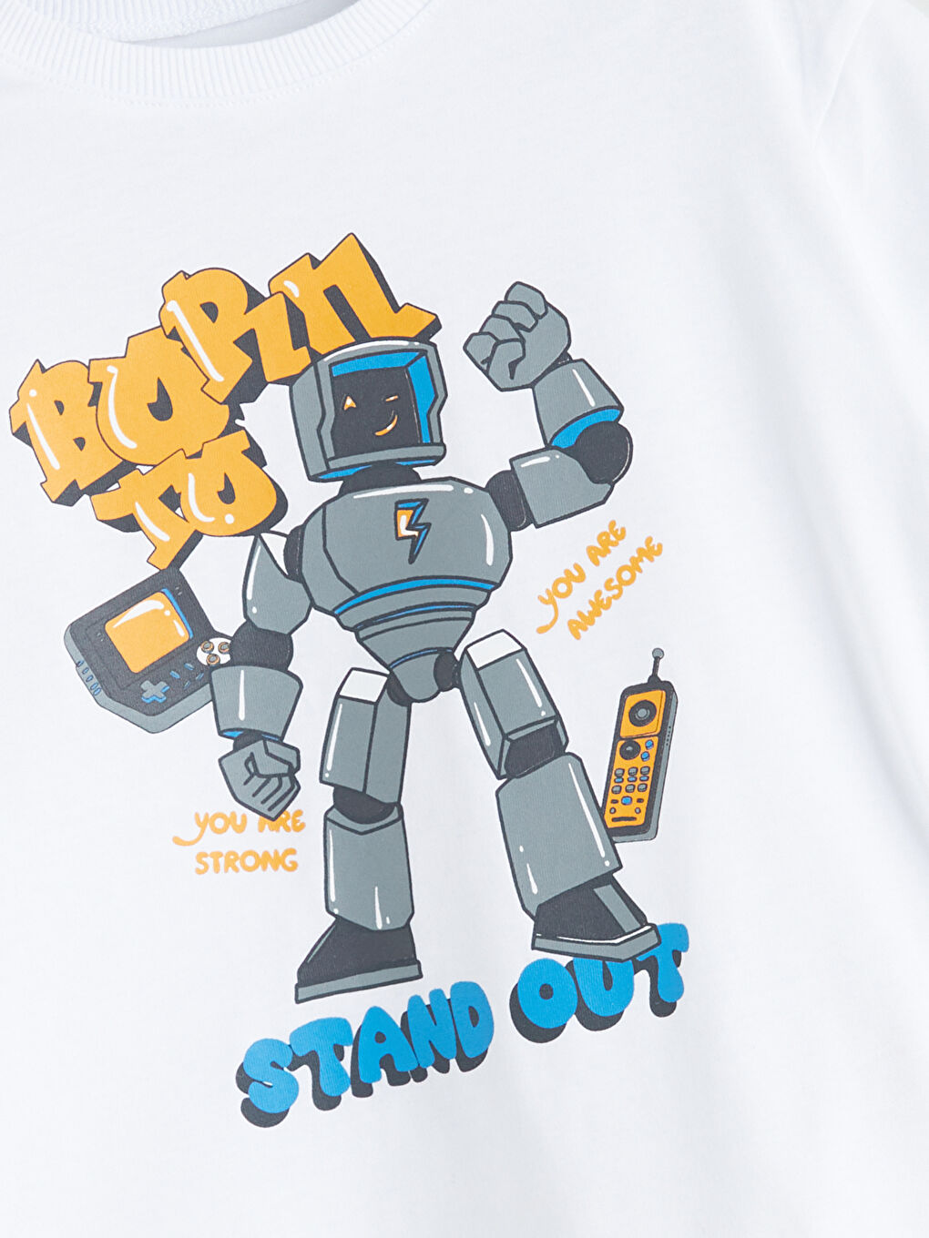 Beyaz Bisiklet Yaka Baskılı Penye Erkek Çocuk Tişört-1