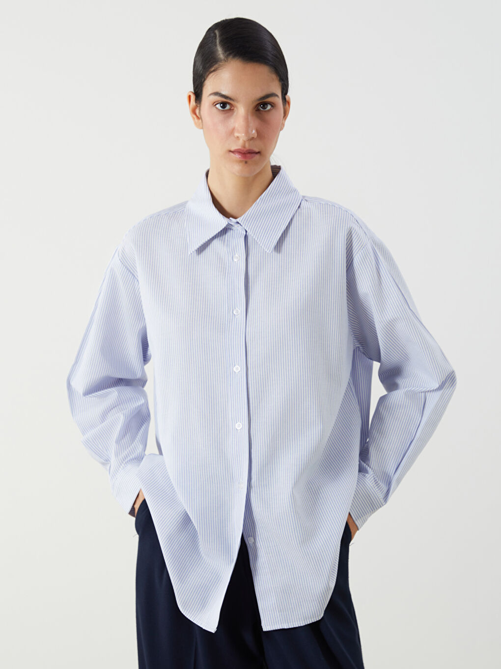 Striped Oversize Poplin Women's Shirt Tunic -S5P267Z8-LEN