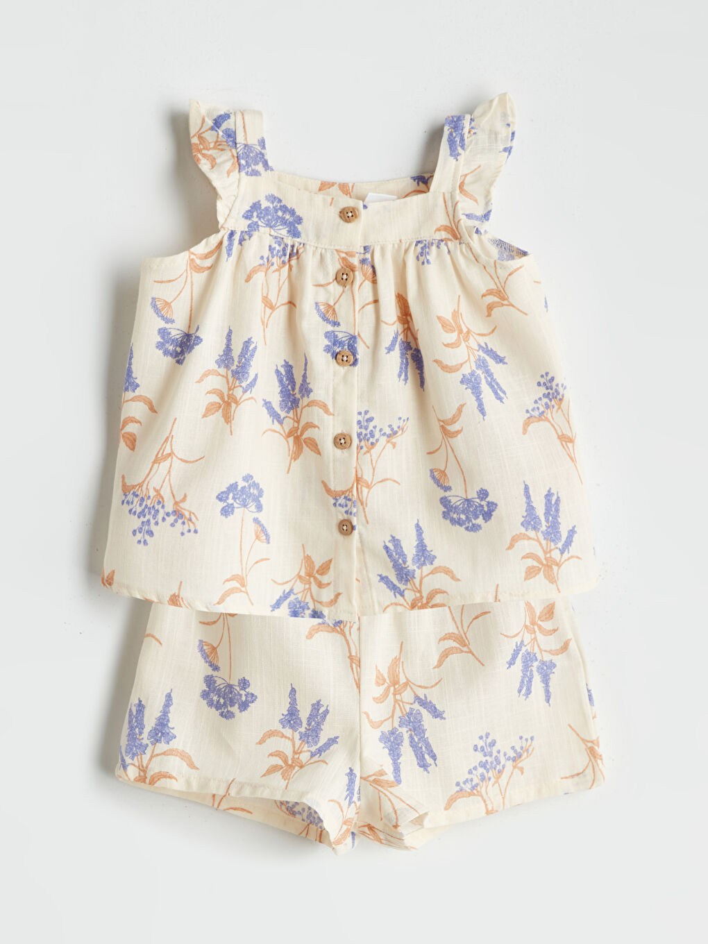 Bej Kare Yaka Çiçekli Kız Bebek Bluz ve Şort 2'li-2