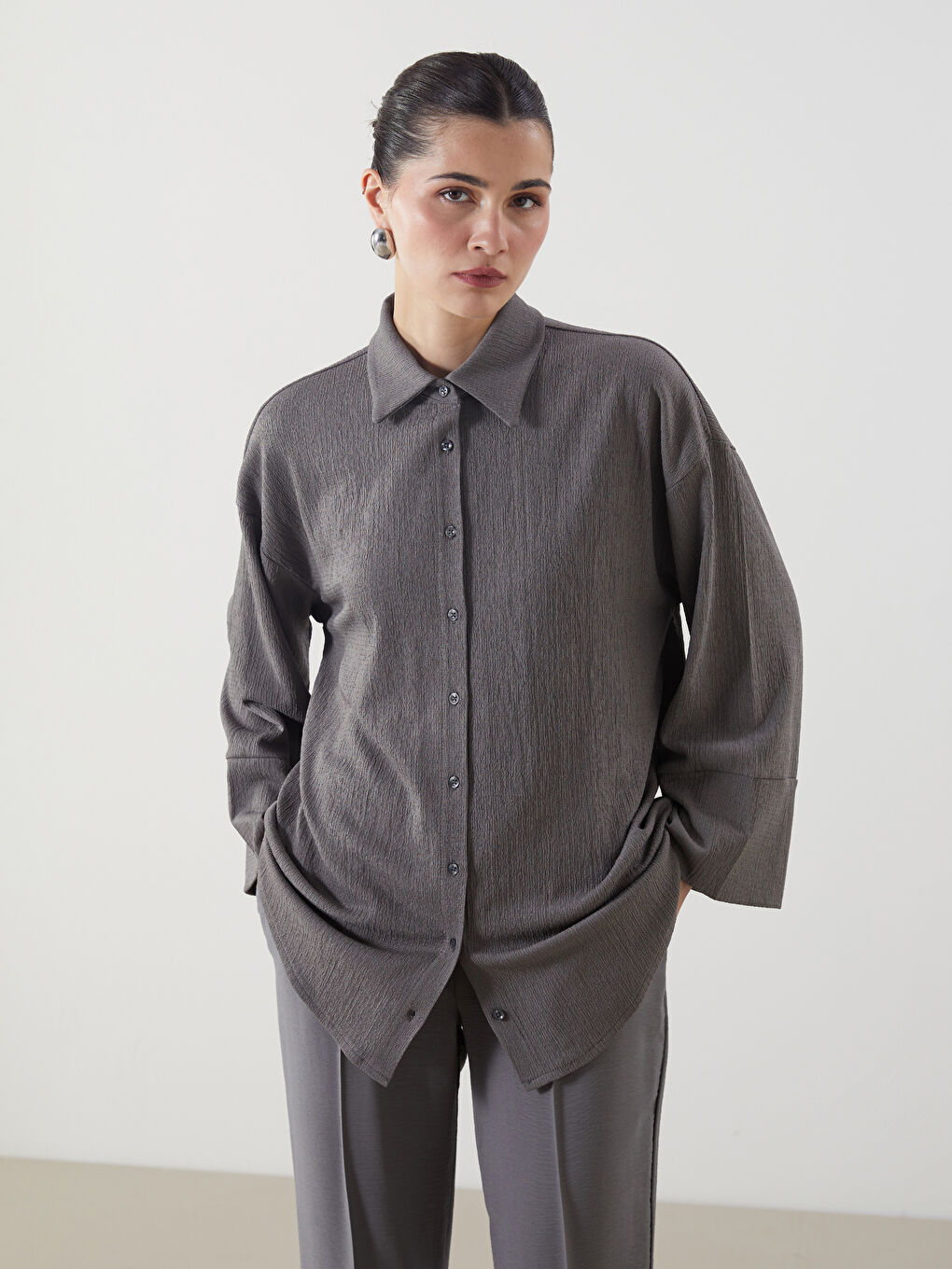 Gri Dokulu Oversize Kadın Gömlek Tunik