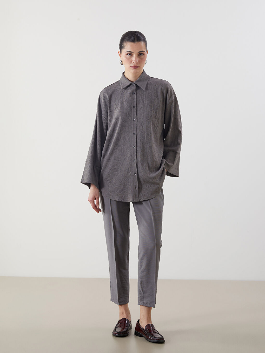 Gri Dokulu Oversize Kadın Gömlek Tunik-1