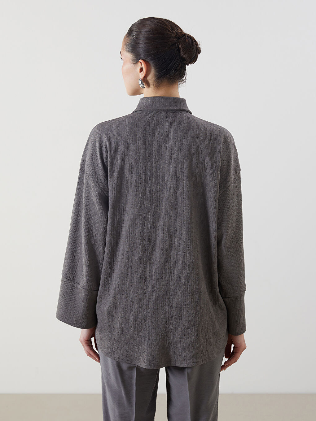 Gri Dokulu Oversize Kadın Gömlek Tunik-3