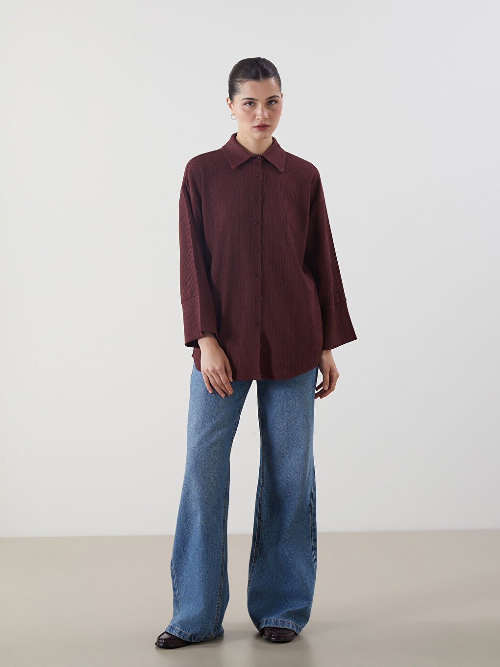 Pembe Dokulu Oversize Kadın Gömlek Tunik-1