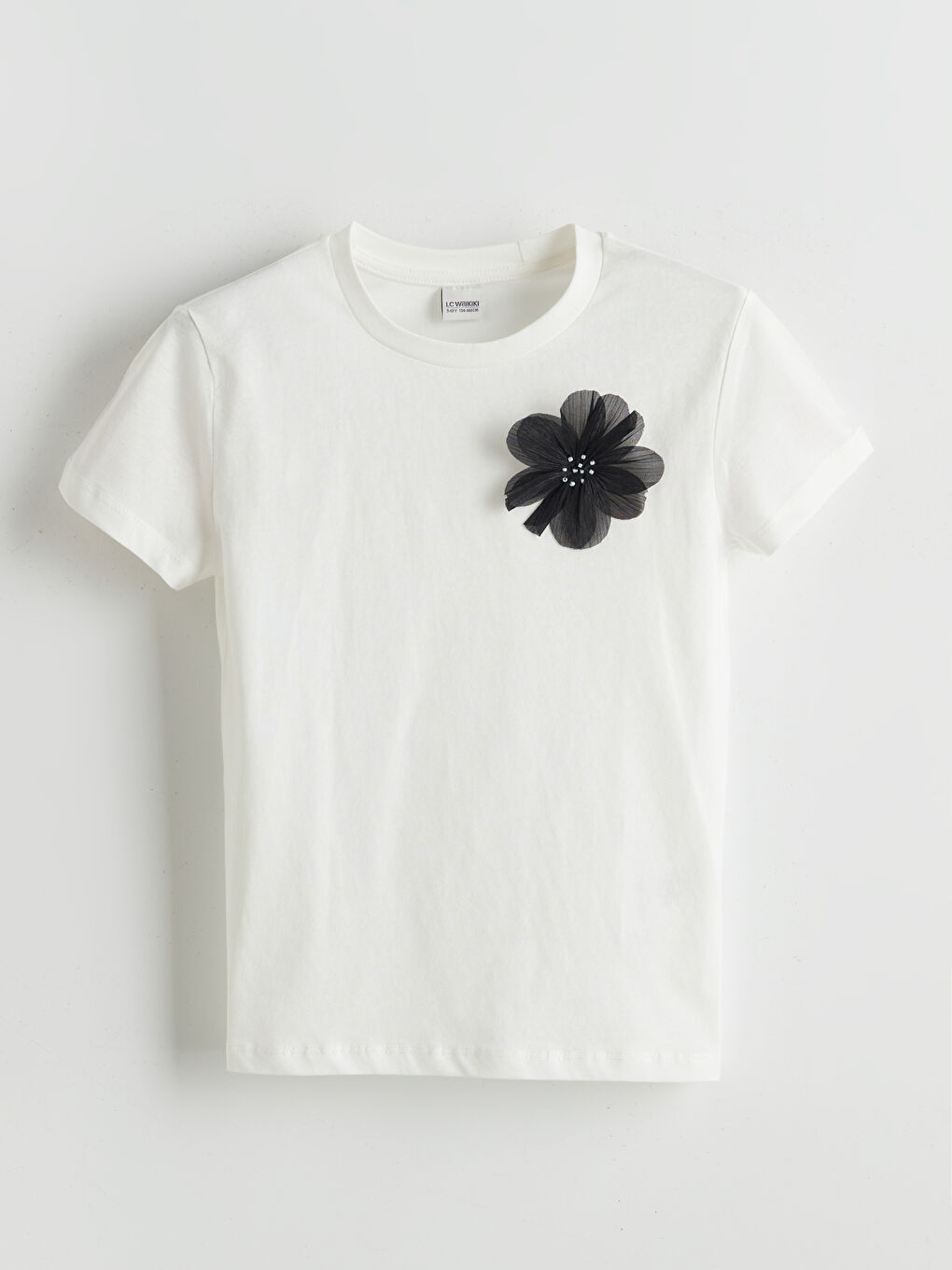 Ekru Bisiklet Yaka Çiçekli Kız Çocuk Tişört