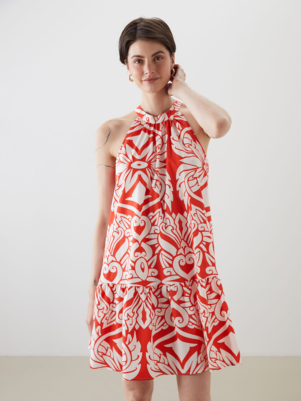 Halter Neck Patterned Mini Dress -S5P322Z8-LU7