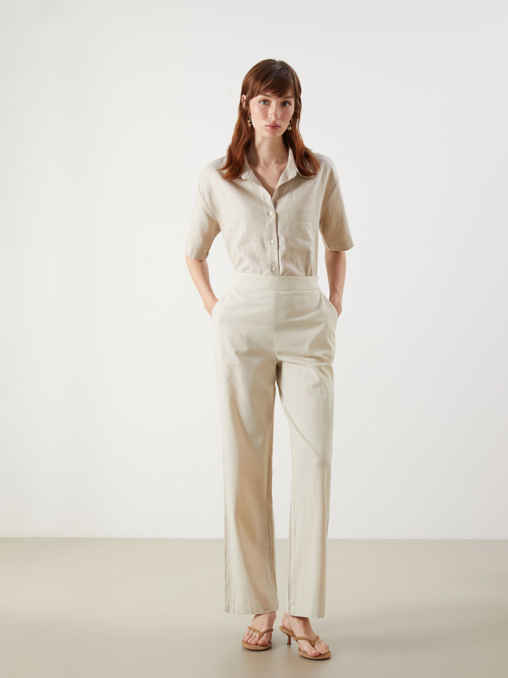 Women's Elastic Waist Linen Blend Trousers -S5P363Z8-CWP