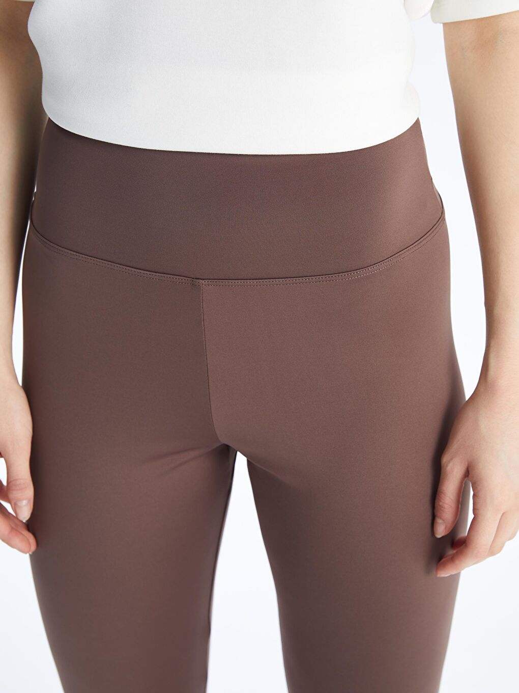 Kahverengi Beli Lastikli Kadın Spor Tayt-2