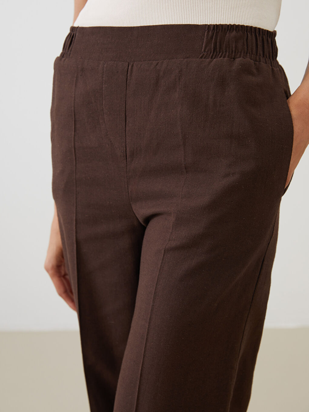 LCW Modest Kahverengi Beli Lastikli Keten Karışımlı Kadın Pantolon - 2