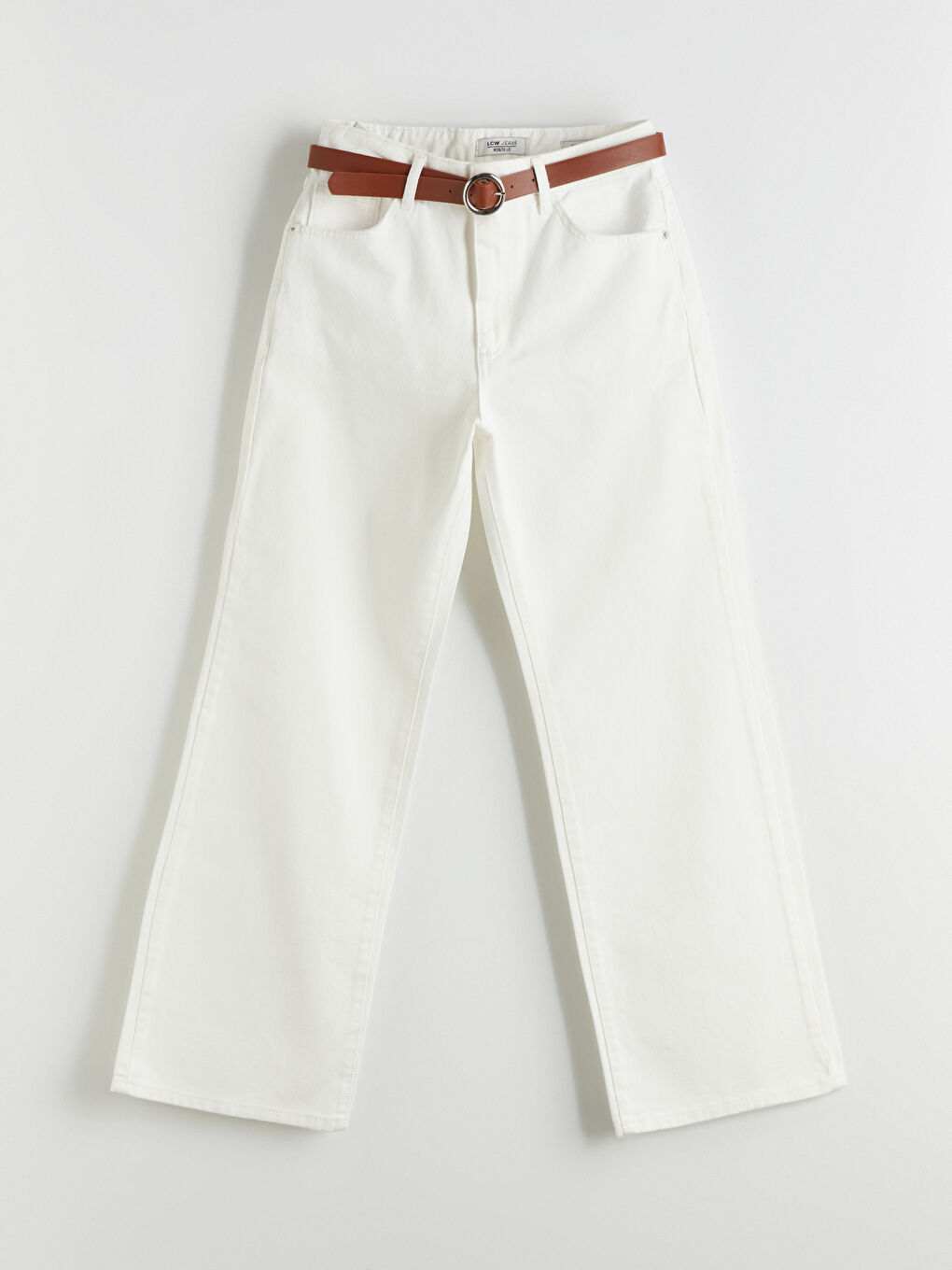 Beyaz Beli Kemerli Wideleg Kadın Jean Pantolon-4