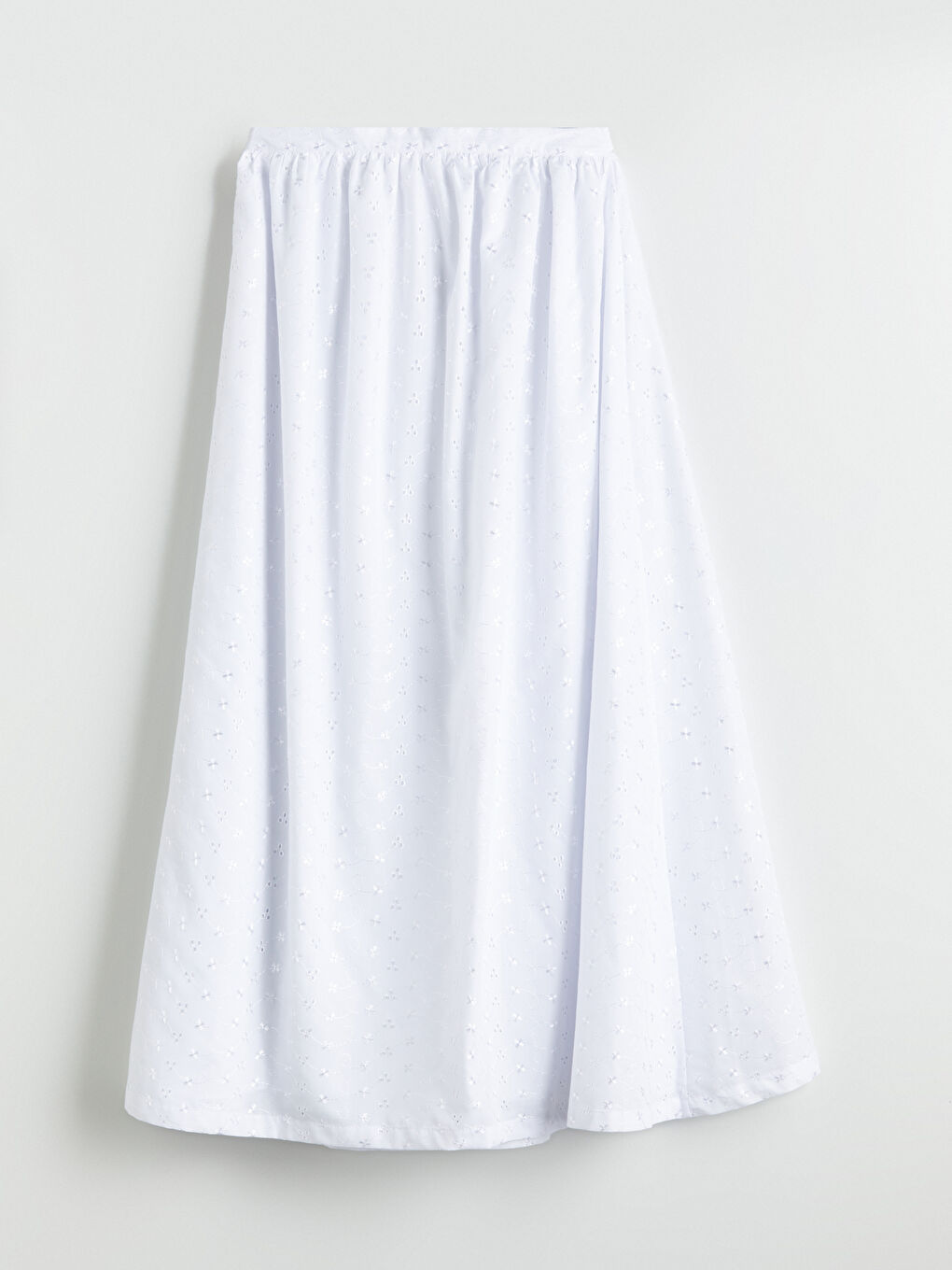 Beyaz Beli Lastikli Ajurlu A Kesim Brode Etek-5