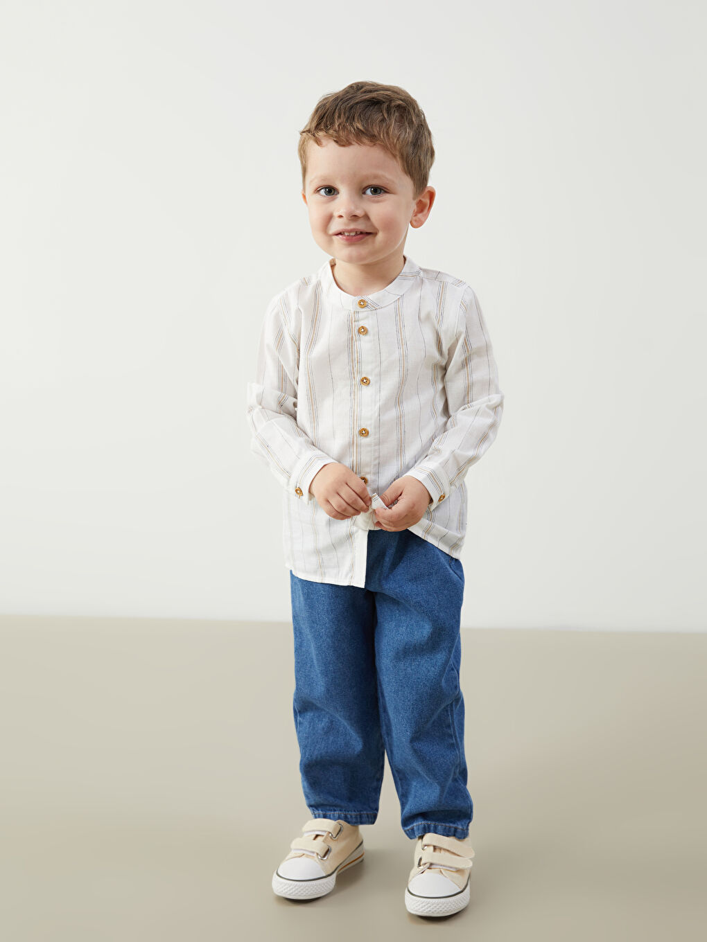 Ekru Çizgili Erkek Bebek Gömlek ve Pantolon 2'li