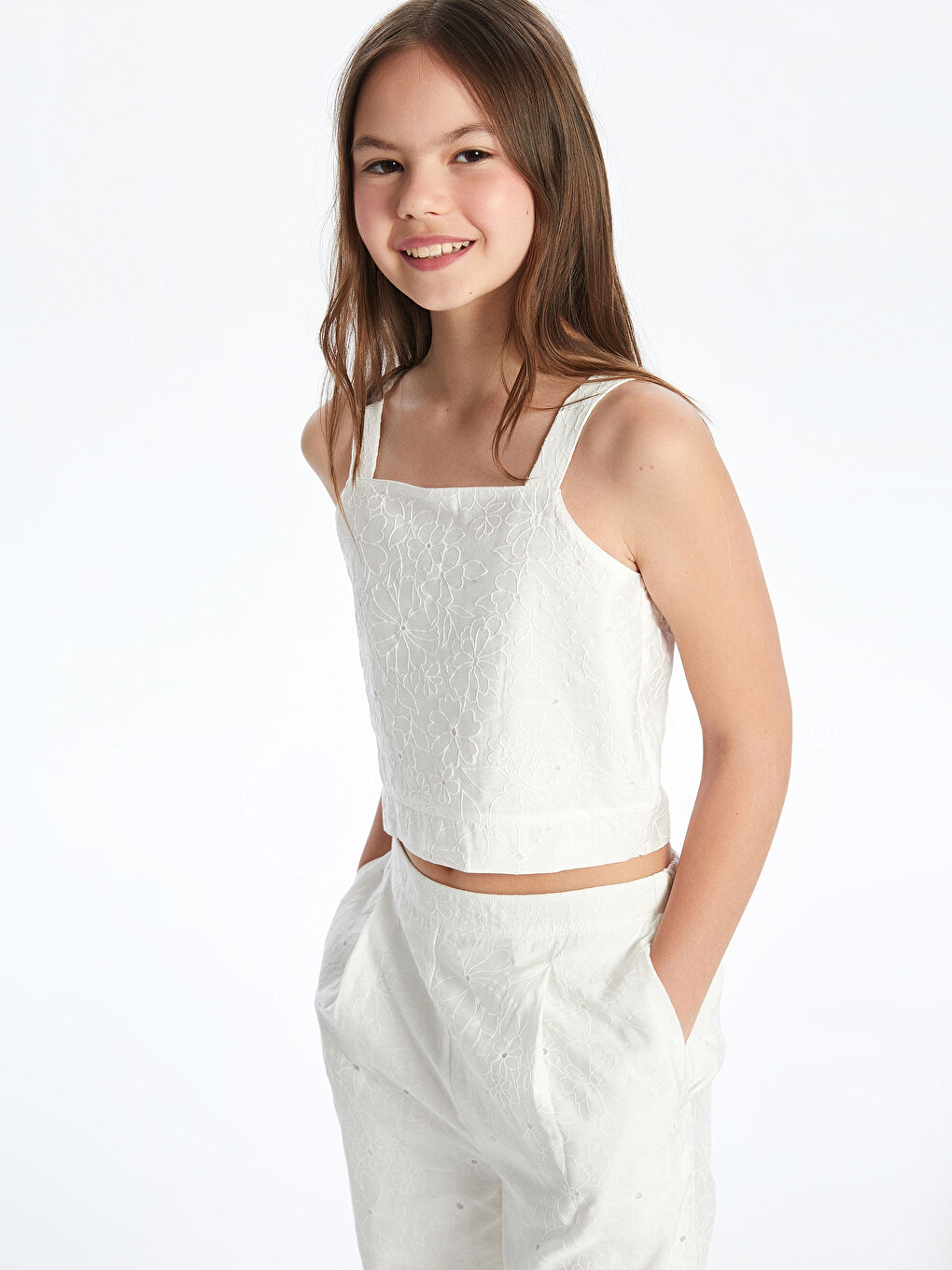 Square Collar Floral Girls' Crop Blouse -S5P483Z4-R9J