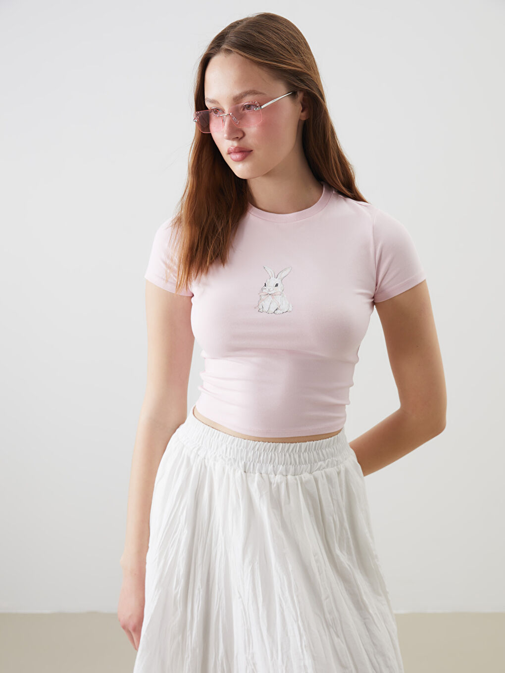 Pembe Bisiklet Yaka Baskılı Crop