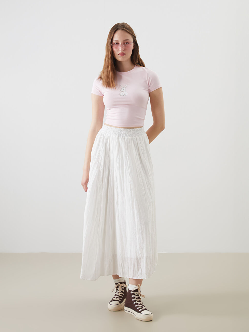 Pembe Bisiklet Yaka Baskılı Crop-1