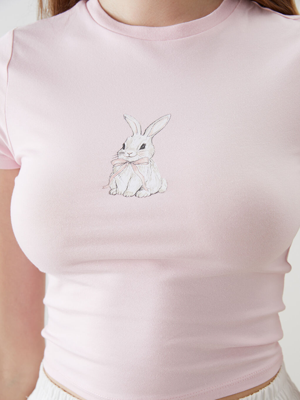 Pembe Bisiklet Yaka Baskılı Crop-2