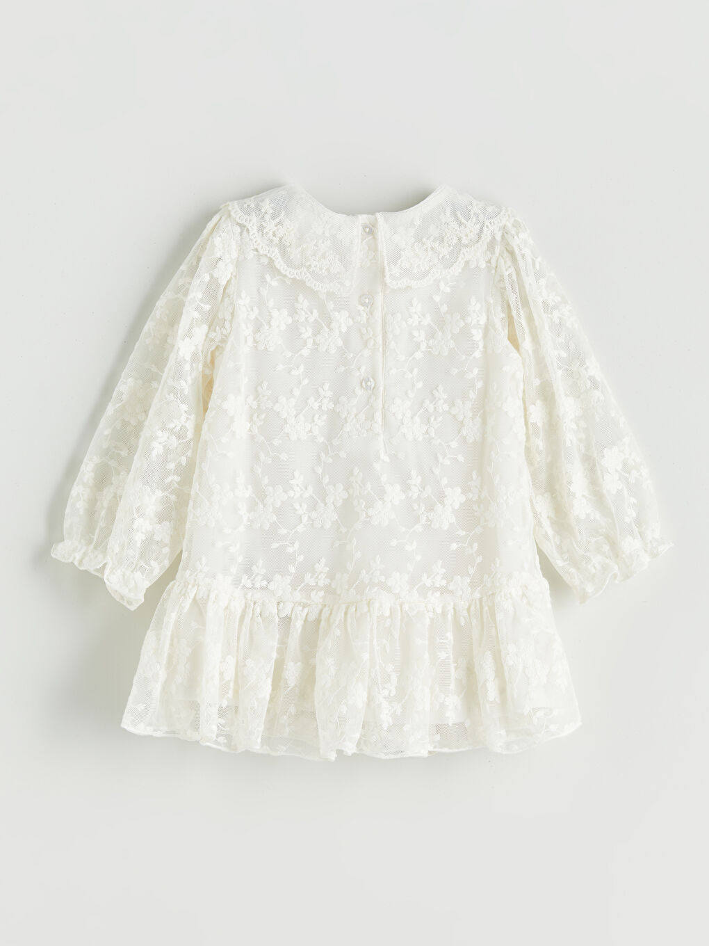 Ekru Pamuklu Dantel Kız Bebek Elbise-1