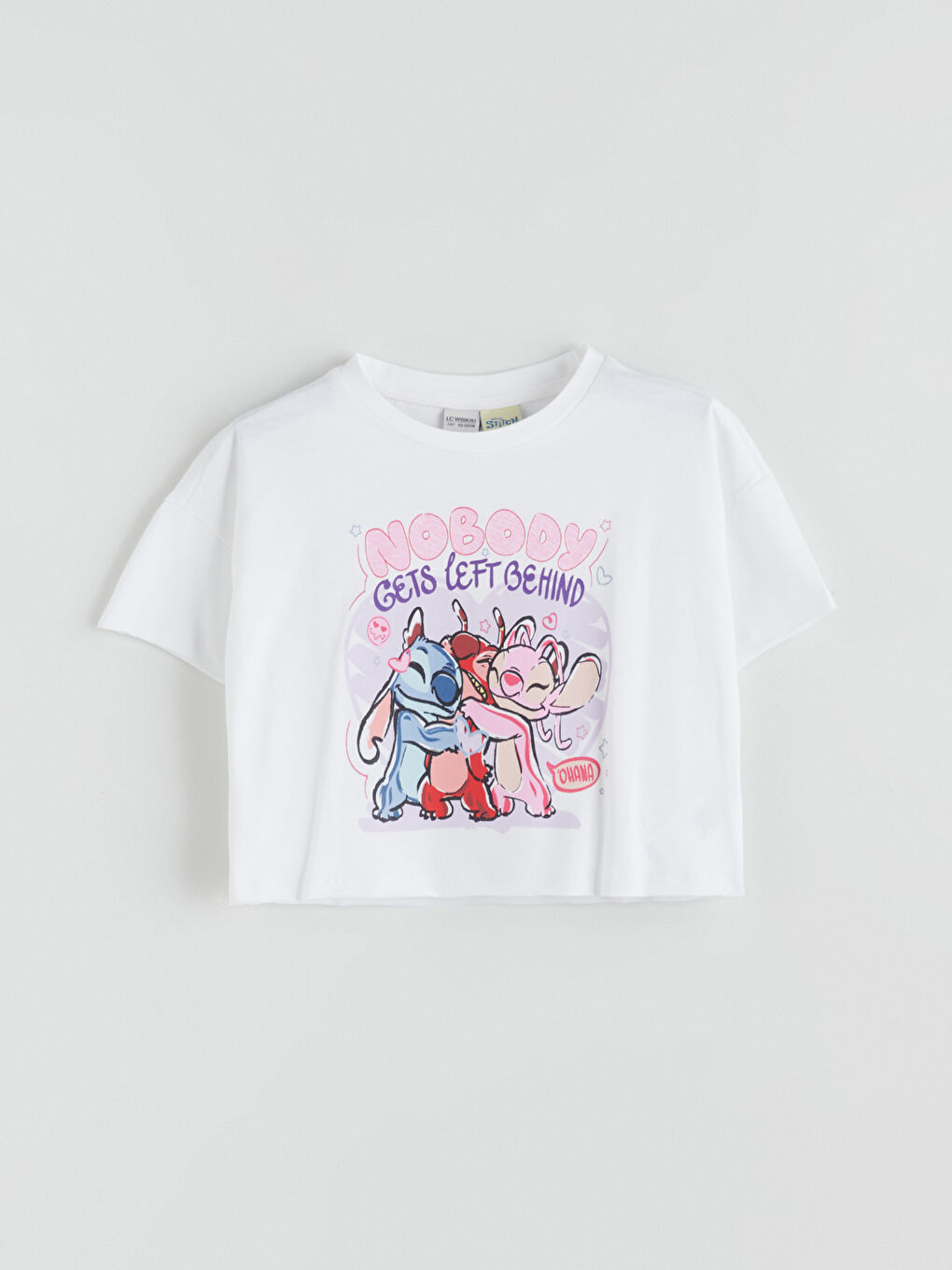 Beyaz Bisiklet Yaka Stitch ve Angel Baskılı Kız Çocuk Crop Tişört