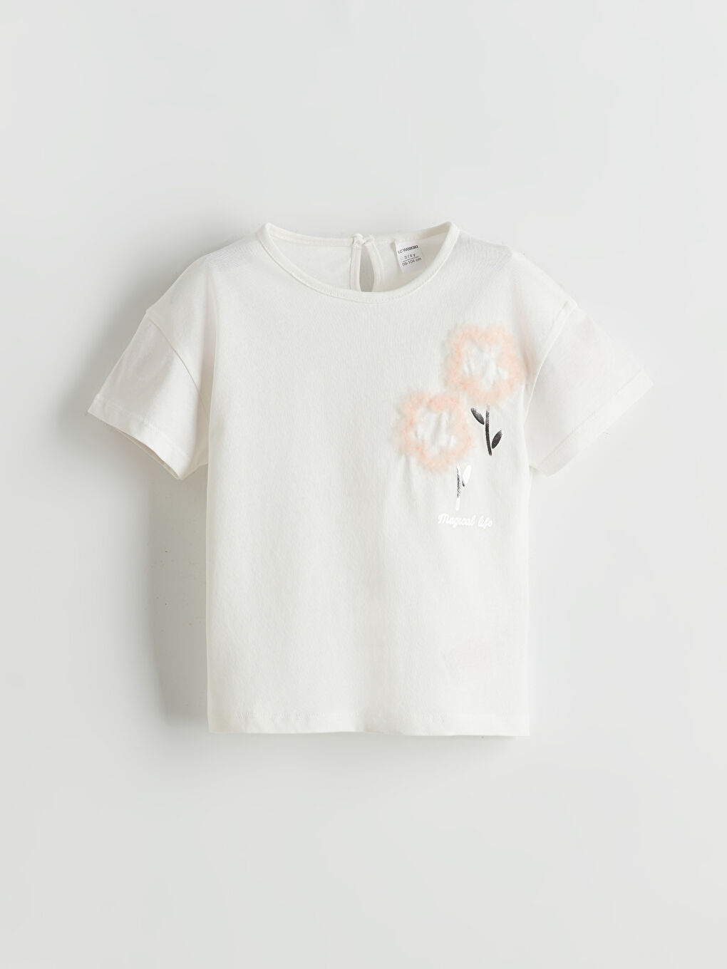 Ekru Bisiklet Yaka Pamuklu Kız Çocuk Tişört-1