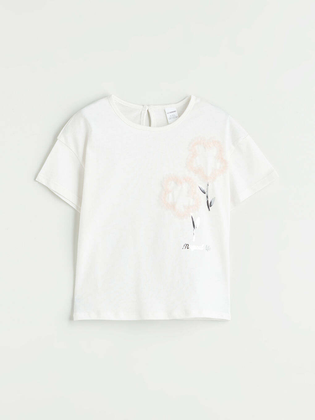 Ekru Bisiklet Yaka Pamuklu Kız Çocuk Tişört