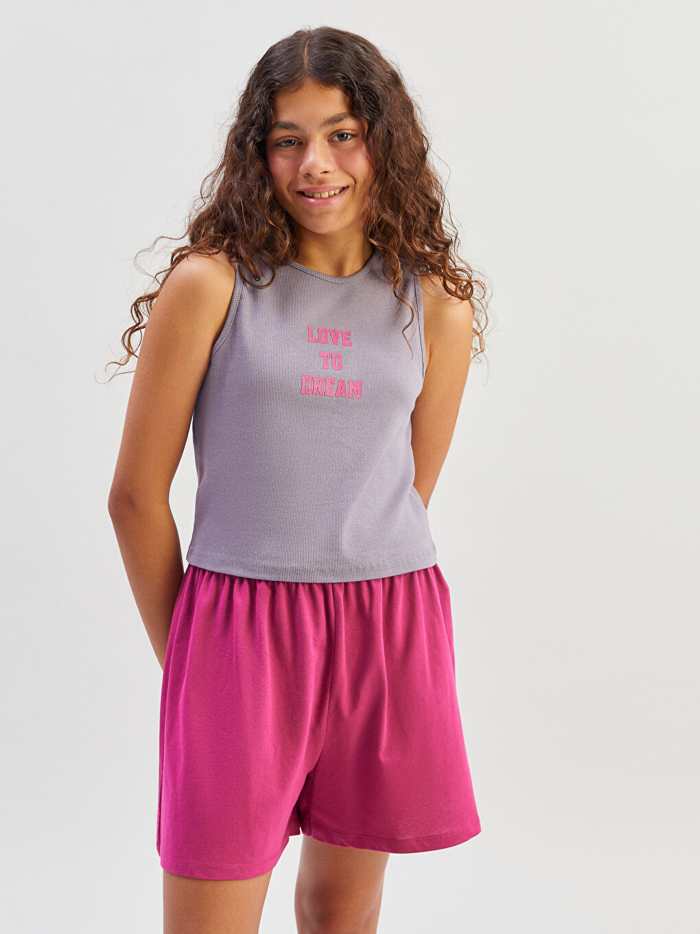 Lila Bisiklet Yaka Kız Çocuk Şortlu Pijama Takımı-1