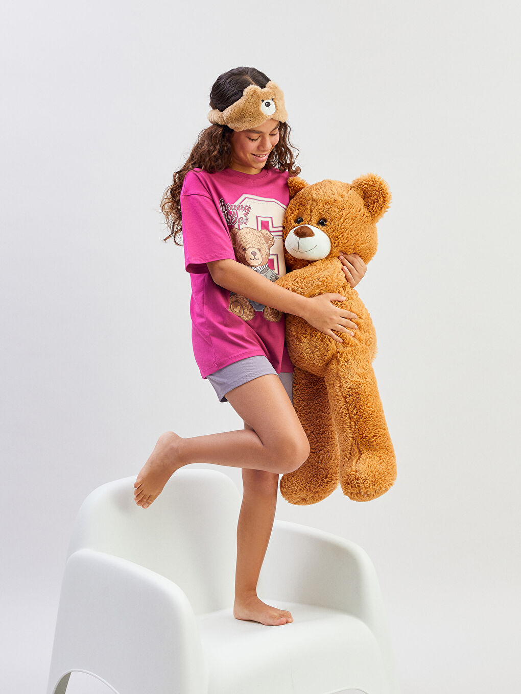 Bordo Bisiklet Yaka Ayı Teddy Baskılı Kız Çocuk Şortlu Pijama Takımı-1