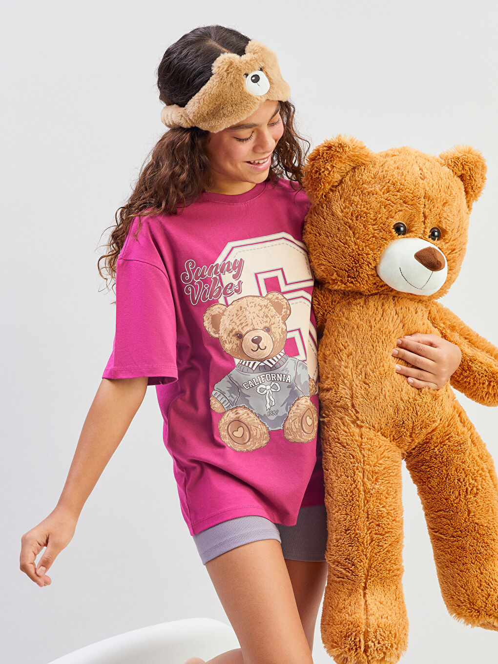 Bordo Bisiklet Yaka Ayı Teddy Baskılı Kız Çocuk Şortlu Pijama Takımı-2