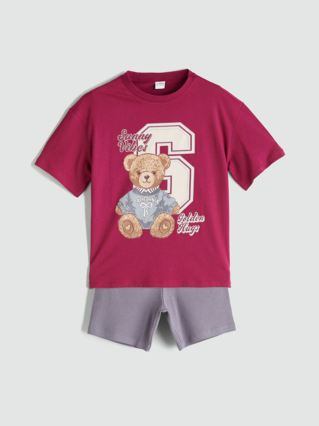 Bordo Bisiklet Yaka Ayı Teddy Baskılı Kız Çocuk Şortlu Pijama Takımı-5