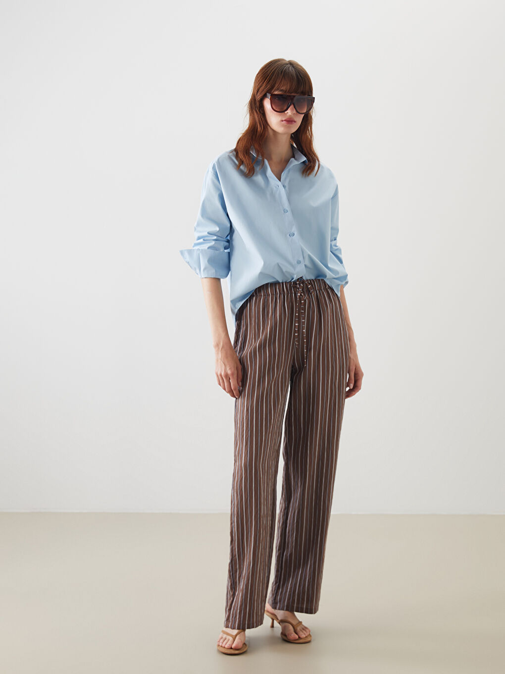 Elasticated Waist Striped Wide Leg Women's Trousers -S5P594Z8-LEW