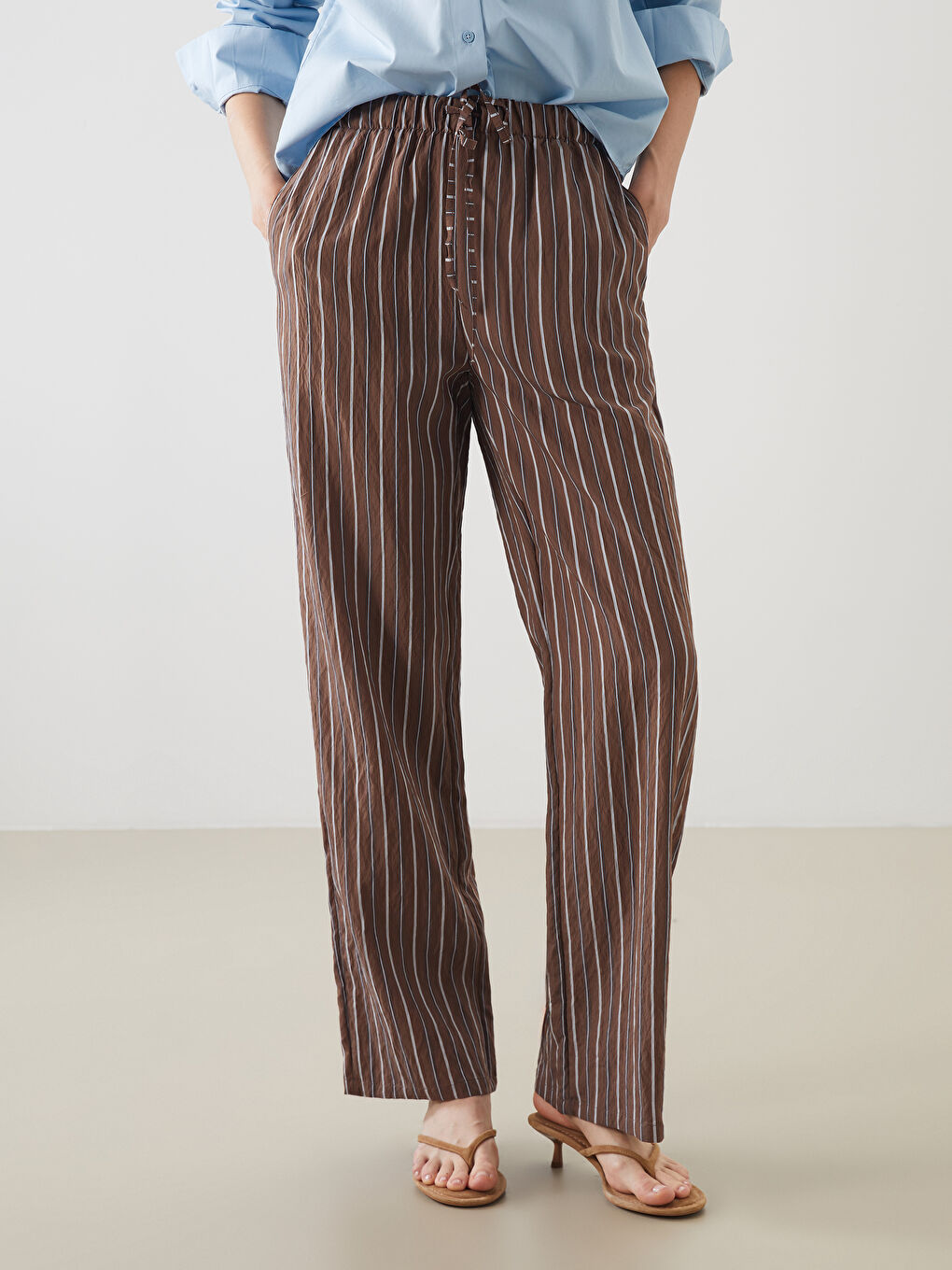 Elasticated Waist Striped Wide Leg Women's Trousers -S5P594Z8-LEW