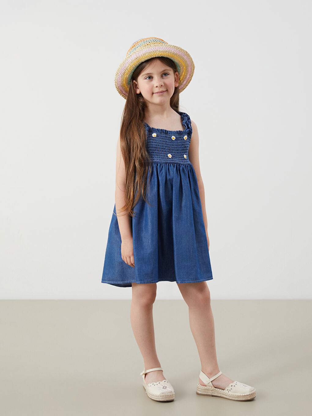 Mavi Çiçekli Kız Çocuk Jean Elbise-1
