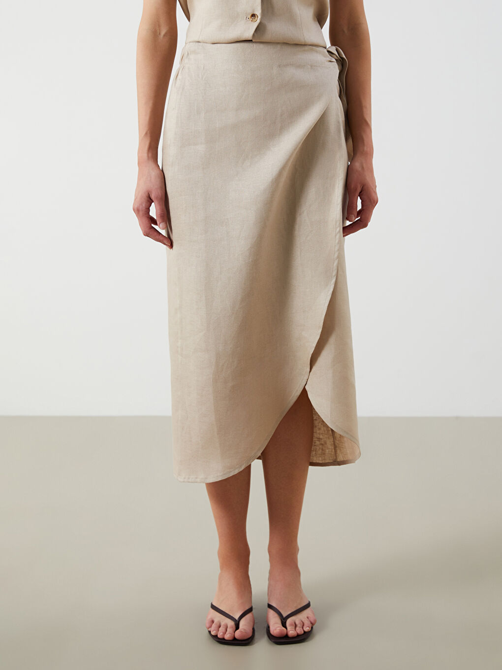 Bej Beli Lastikli %100 Keten Etek-1