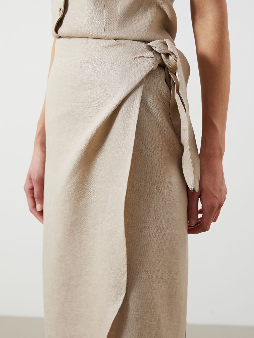 Bej Beli Lastikli %100 Keten Etek-2