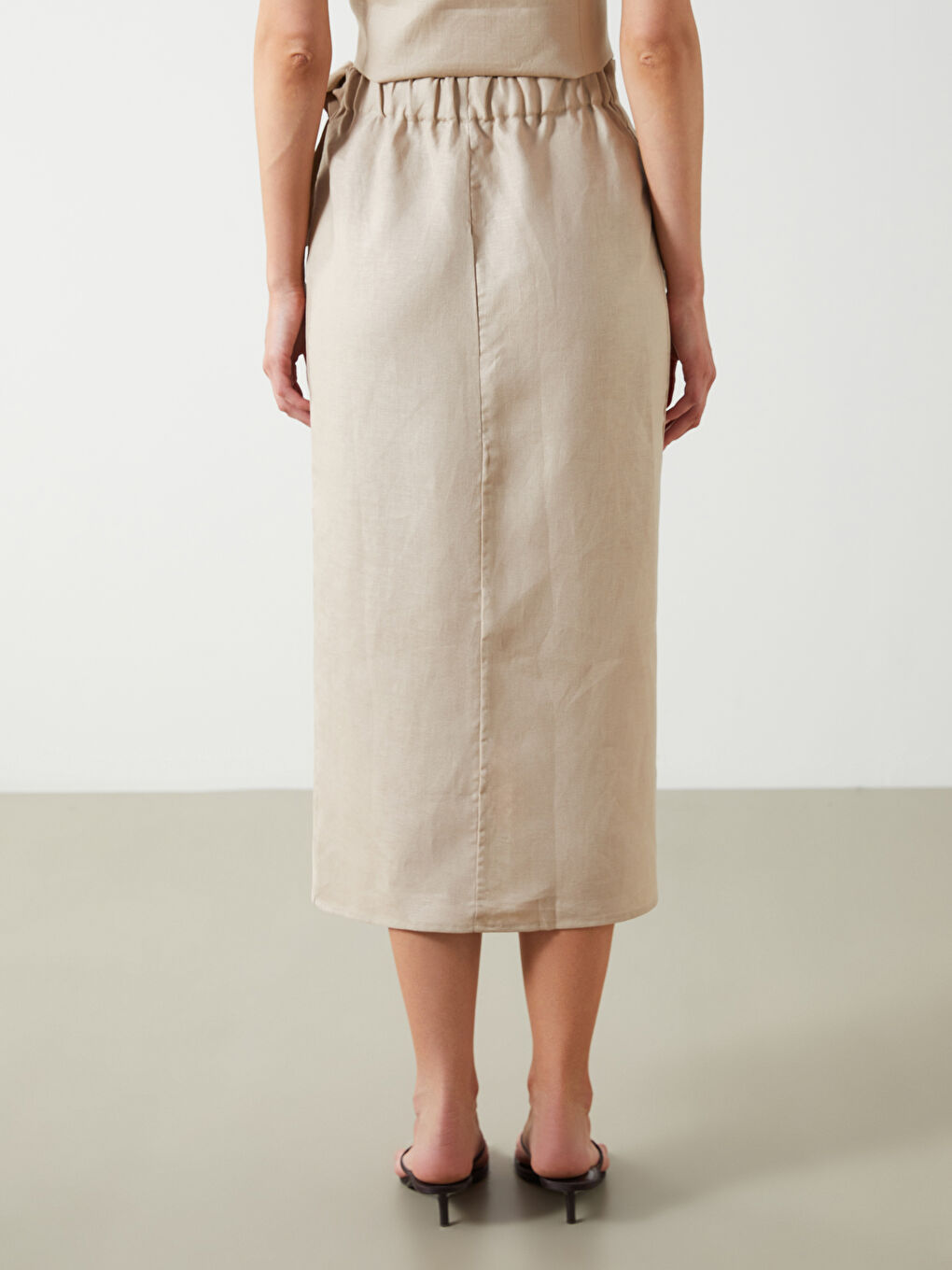 Bej Beli Lastikli %100 Keten Etek-3