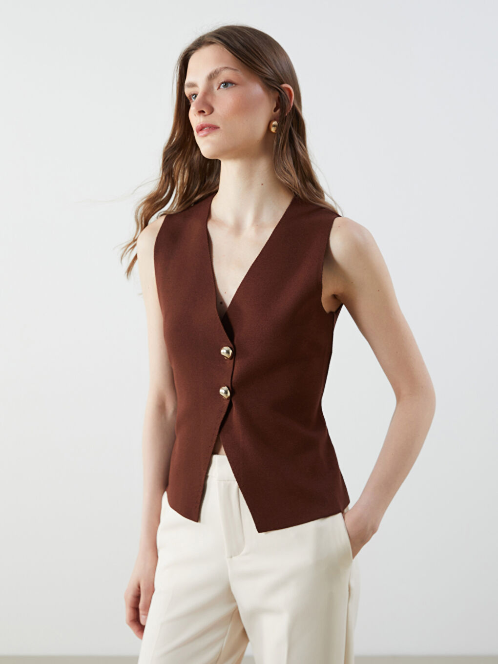 V Neck Regular Women's Tricot Vest -S5P634Z8-HSK