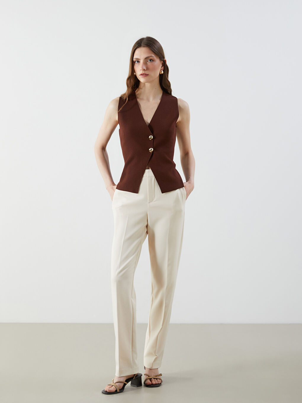 V Neck Regular Women's Tricot Vest -S5P634Z8-HSK