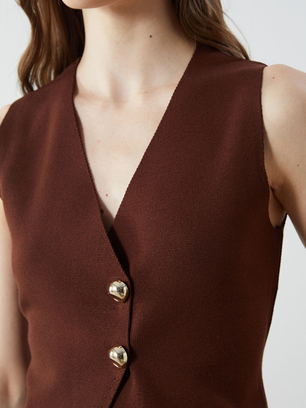 V Neck Regular Women's Tricot Vest -S5P634Z8-HSK