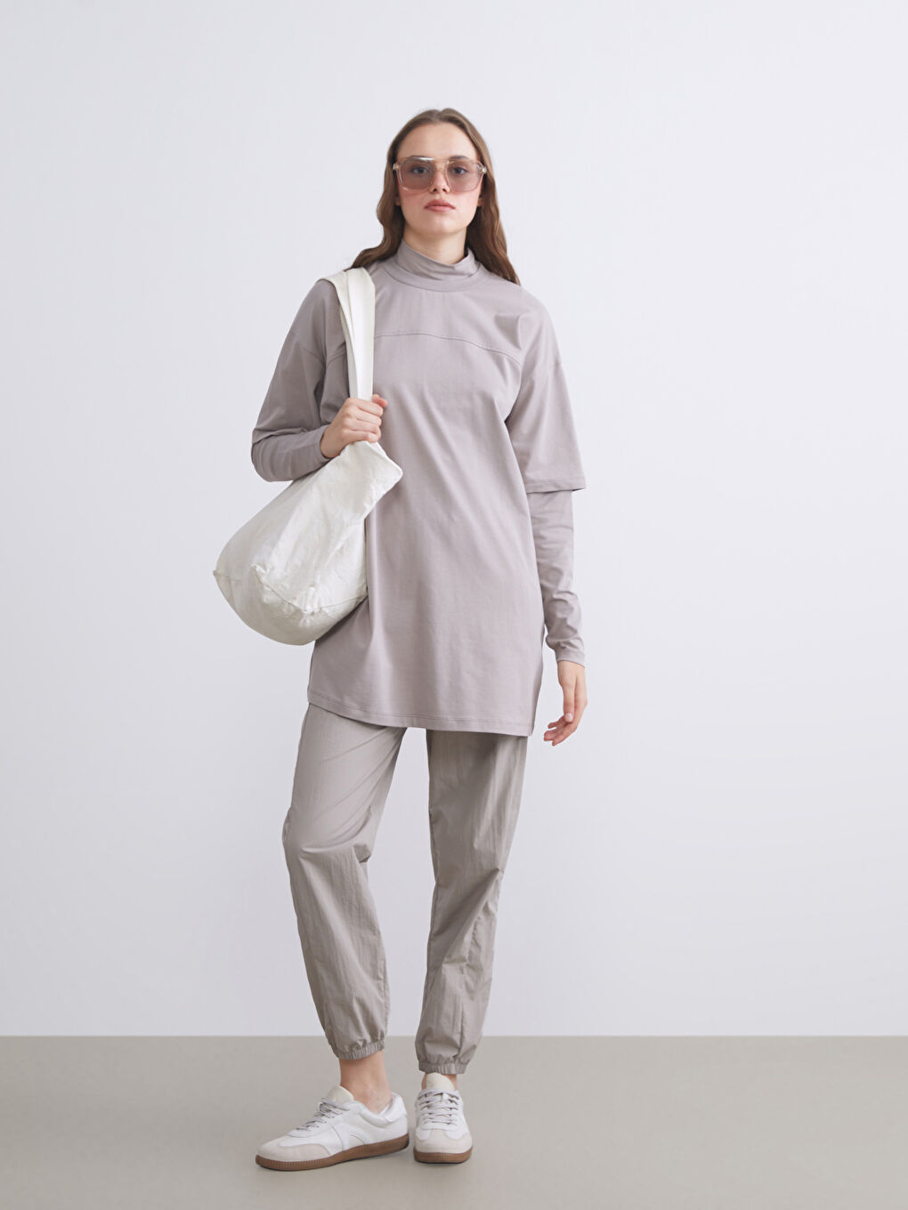 Kahverengi Dik Yaka Oversize Kadın Tunik-1